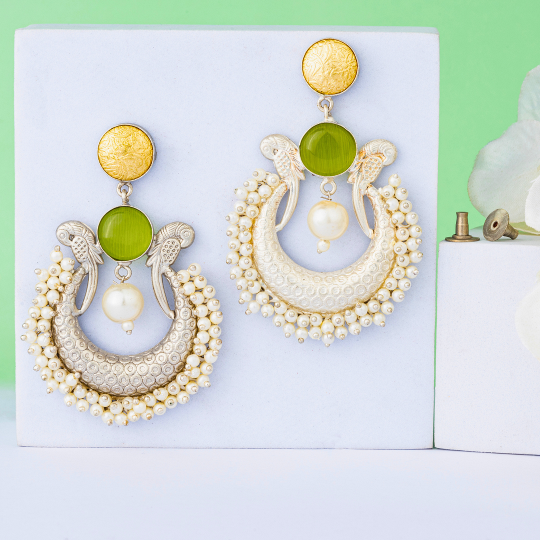 Nazakat Ivory White Crescent shape  Chadelior Earrings