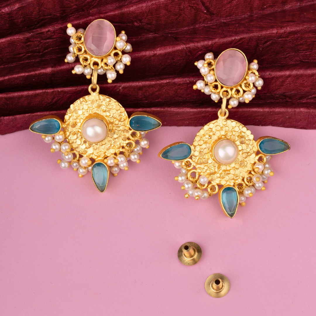 Akarshan Golden with Green & Pink Studded Stones Earring