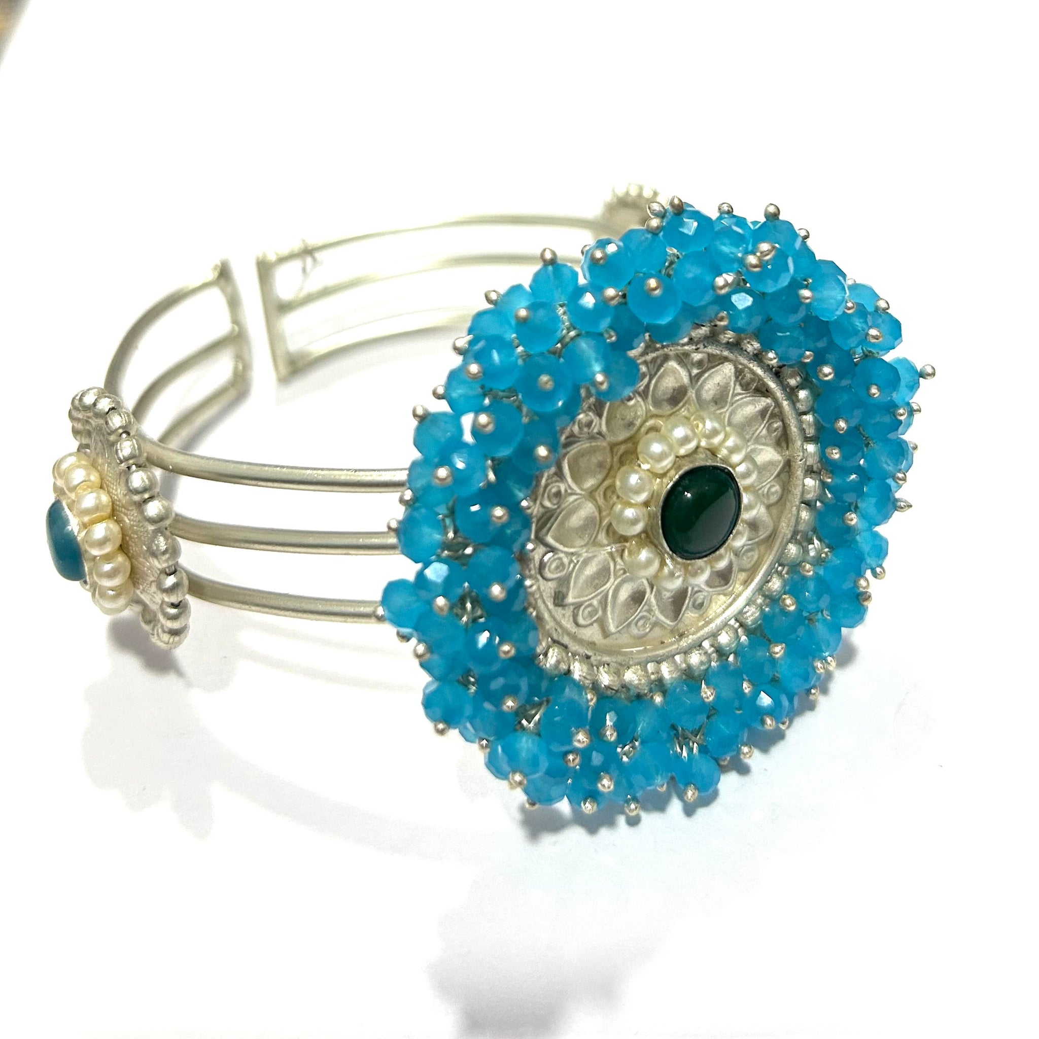 Blue Beads Dial Silver Finish Cuff Bracelet