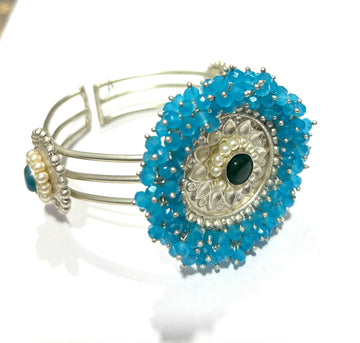 Blue Beads Dial Silver Finish Cuff Bracelet