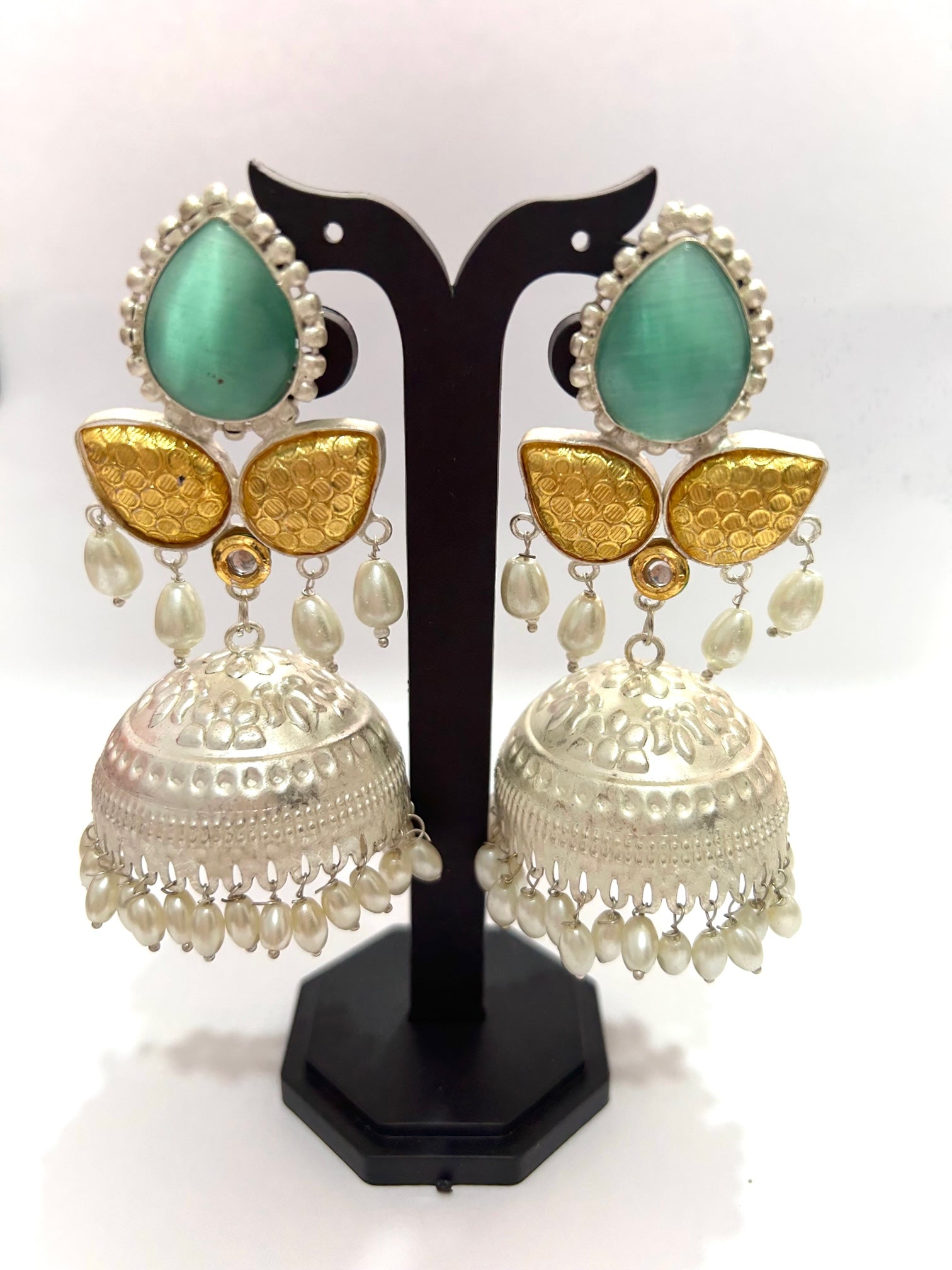 Emerald Glow Gold Silver Jhumkas