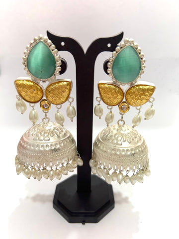 Emerald Glow Gold Silver Jhumkas