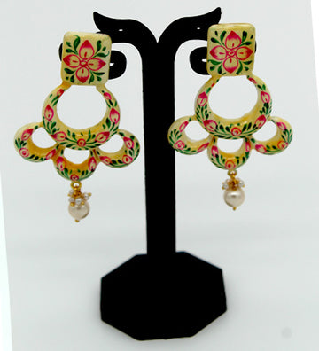 Cream Hand Painted Dangle Earrings (Pink, Green)