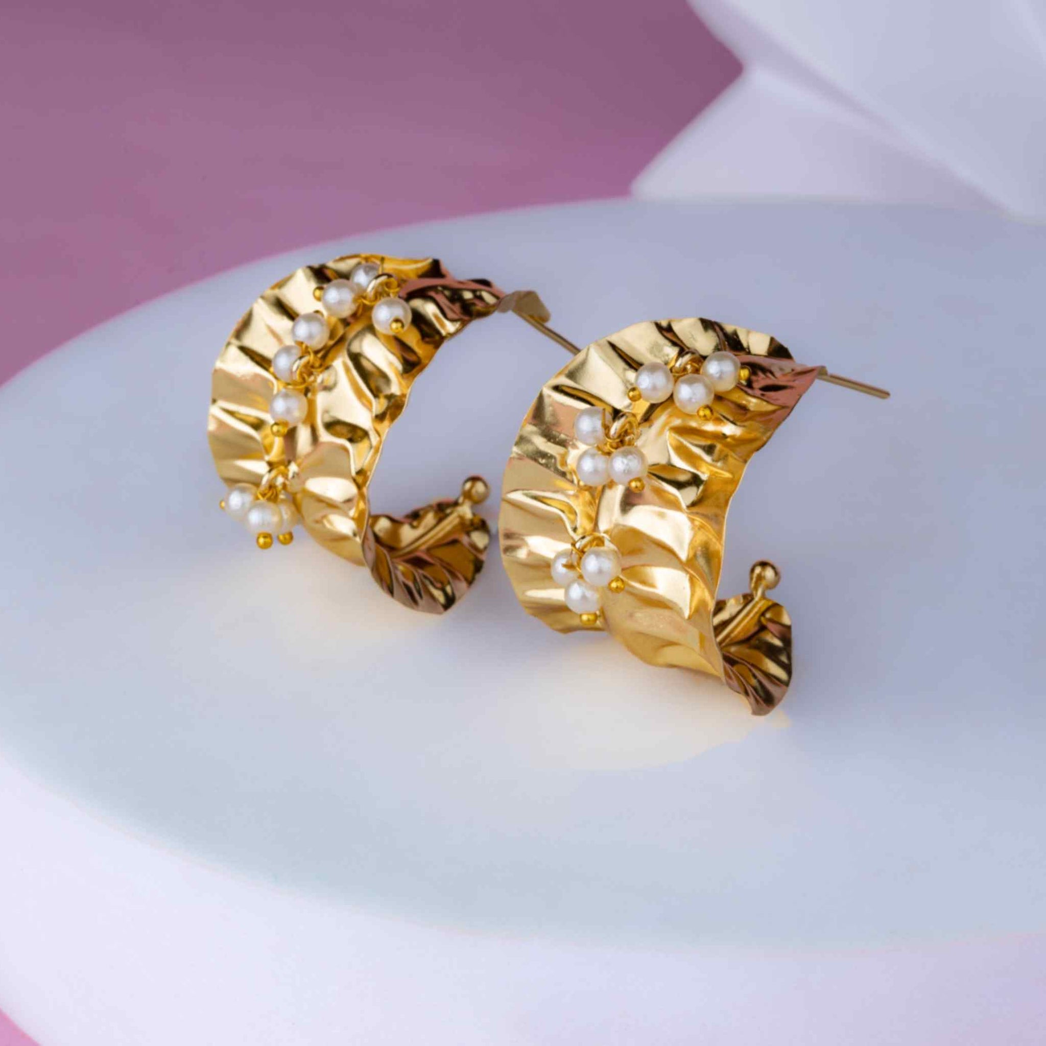 Golden Cascade Crinkle Huggies with Motifs Earrings