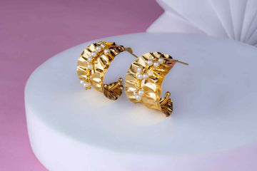 Golden Cascade Crinkle Huggies with Motifs Earrings